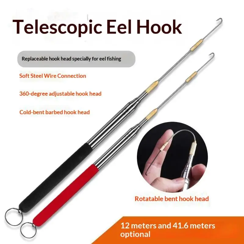 1PC 360 Degree Rotation Barbed Thread Long Fish Hook Telescopic Pole Eel Hook Thread Stainless Steel Handle Ricefield Eel Hook view 4