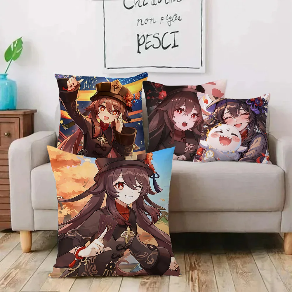 Genshin Impact Hu Tao Pillow Covers Cartoon Sofa Decorative Home Double-sided Printing Short Plush Cute Cushion Cover