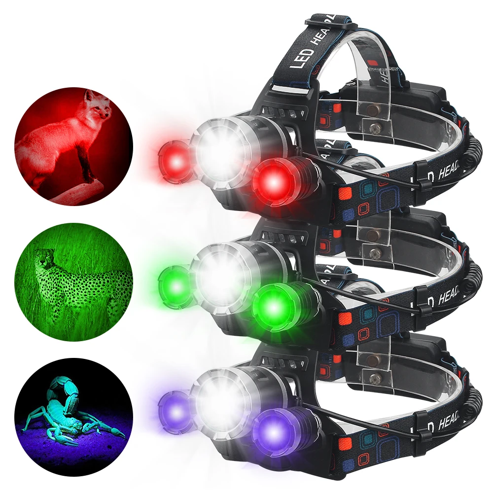 Red Hunting Headlamp White Zoomable Fishing Headlight RGB White/Green Head Torch UV 395NM Ultraviolet Light Catch Scorpions