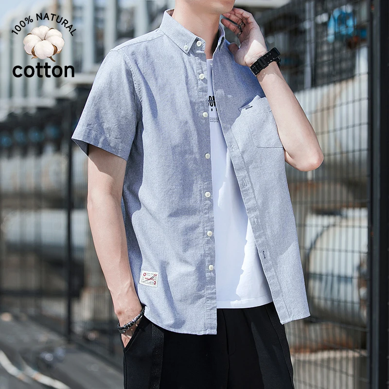 Brand Clothing Summer 100% Cotton Oxford Cloth Men's Short-sleeved Shirt Grey Pocket Lapel Shirts Slim Korea Y2k Coat Male