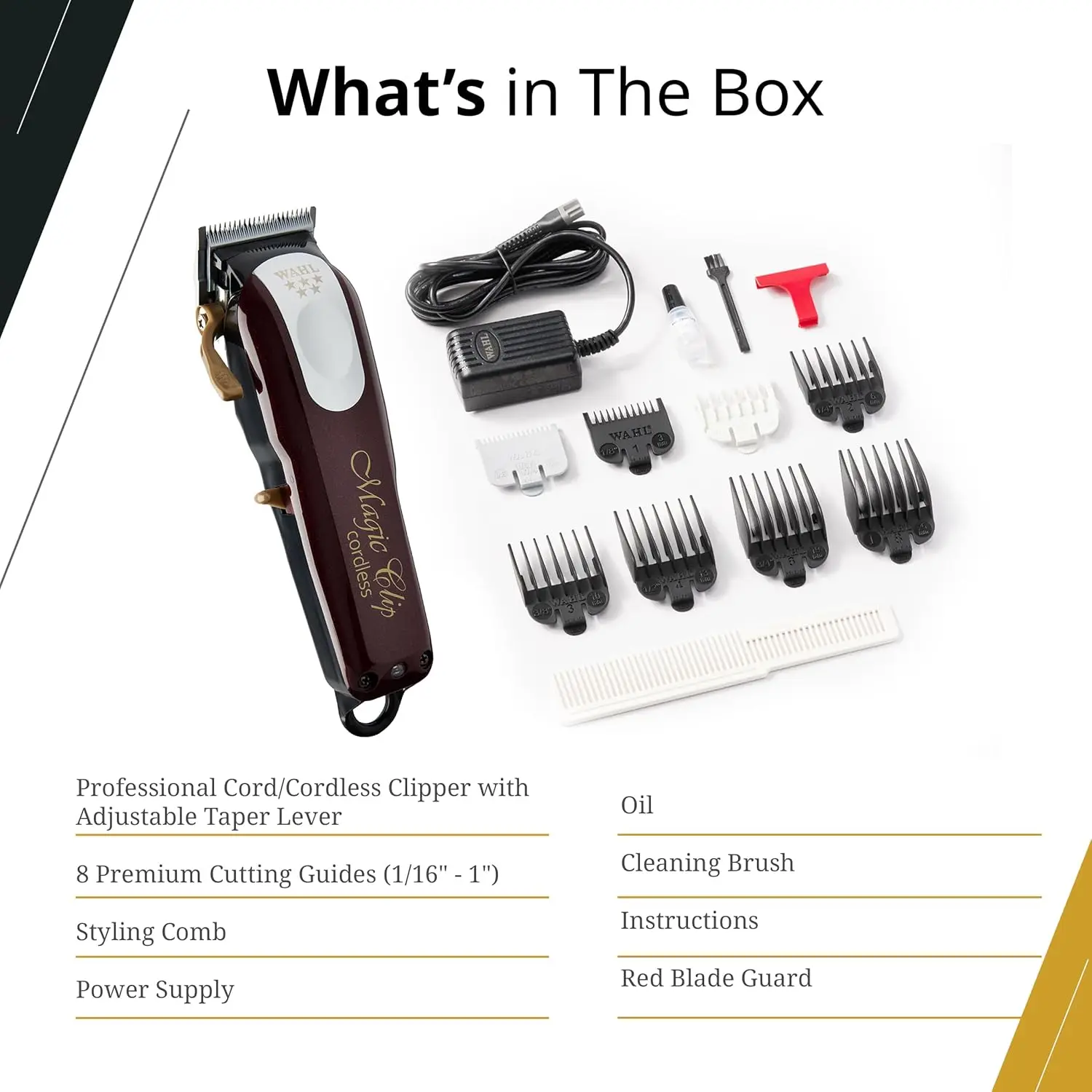 Professional 5 Star Series Magic Clip Cordless Hair Clipper, Stagger-Tooth Blade Professional Hair Trimmer with Attachments, 100