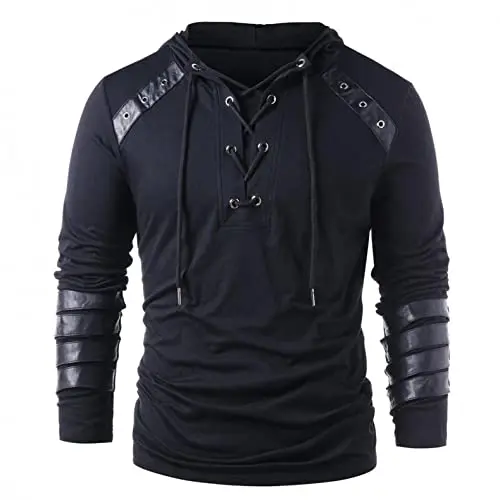 Gothic Hoodies for Men Steampunk Lace Up Long Sleeve Pullover Sweatshirt Medieval Retro Bandage Jumper Hoodie Tops