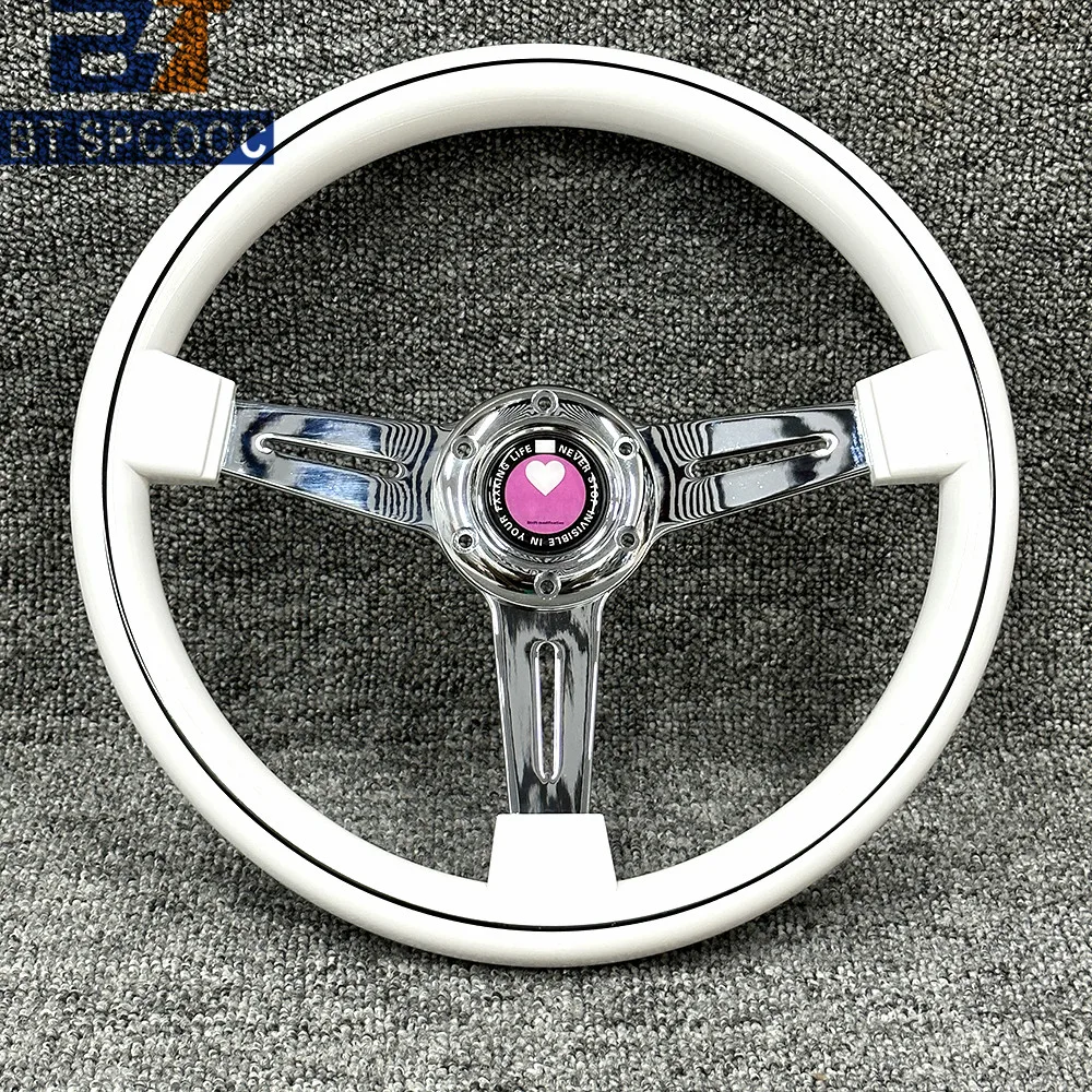 ABS White Polishing Electroplating Car Sports Steering Wheel 14inch 350mm Flat Love Universal 6 Holes 70mm