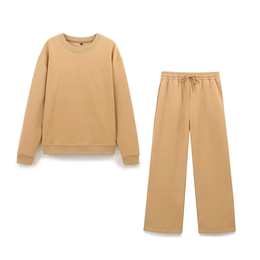 Maxdutti Minimalist Solid Color Round Neck Pullover Sweatshirt With Elastic Harem Casual Pants Set Women