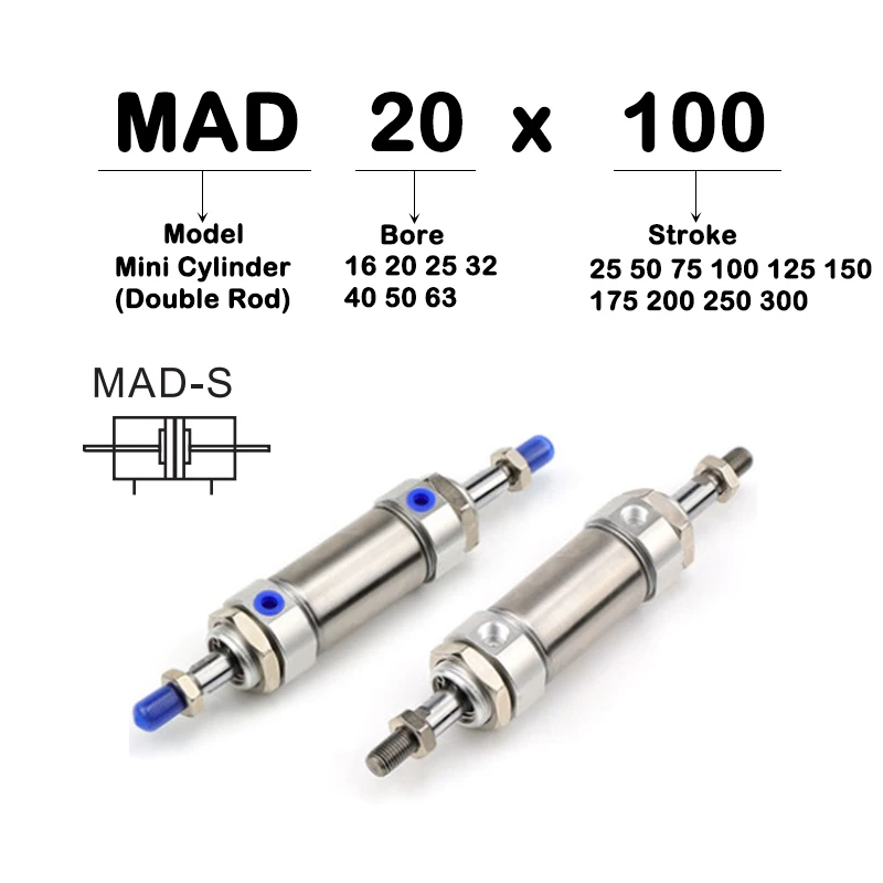 MAD40x25/50/75/100/125/150/175/200/250/300/350/400/450/500 Stainless Steel Mini Cylinder Double Rod Double Out MAD40X25 MAD40X75