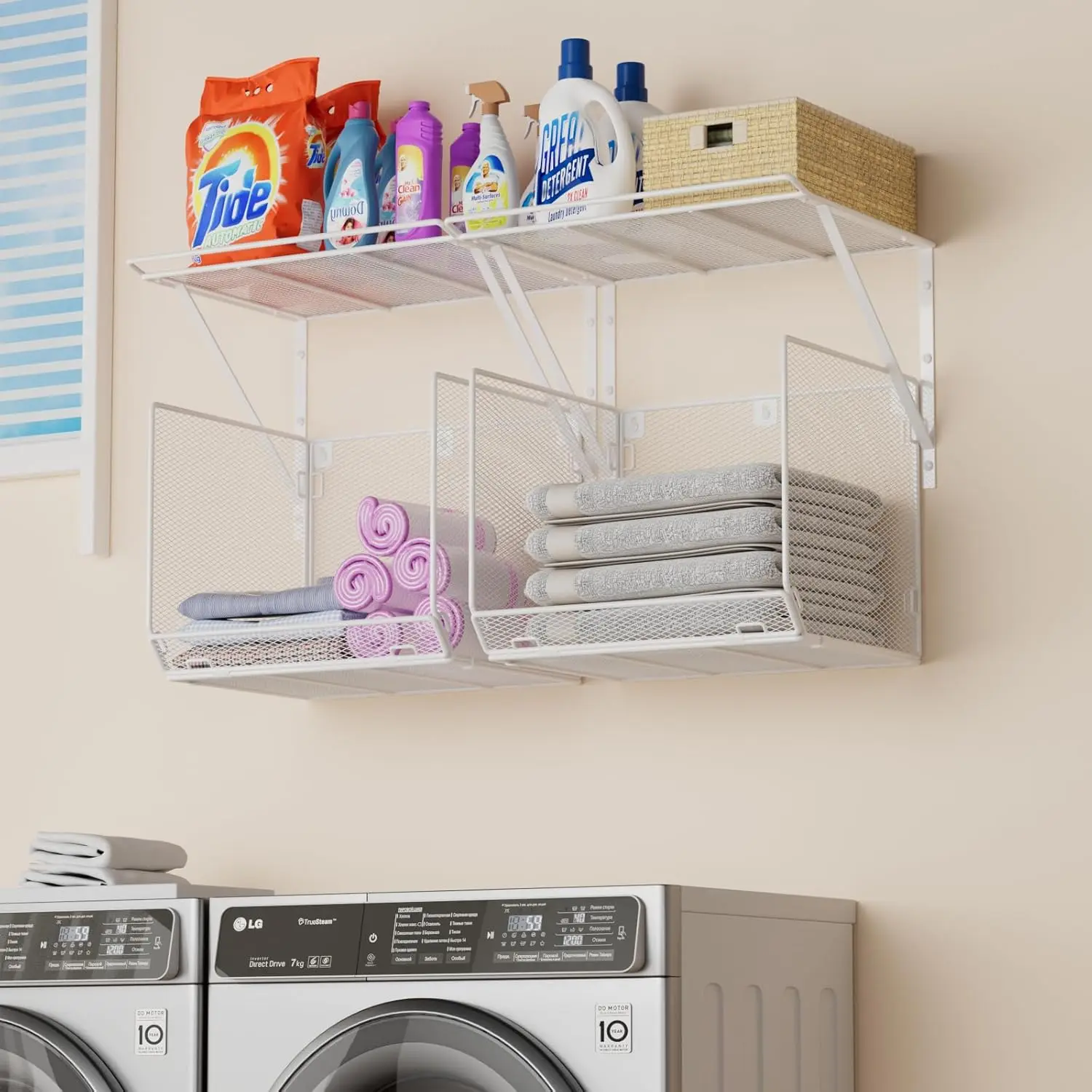 

2-Pack Wall-Mounted Laundry Shelves with Mesh Baskets, Space-Saving Storage for Bathroom & Kitchen