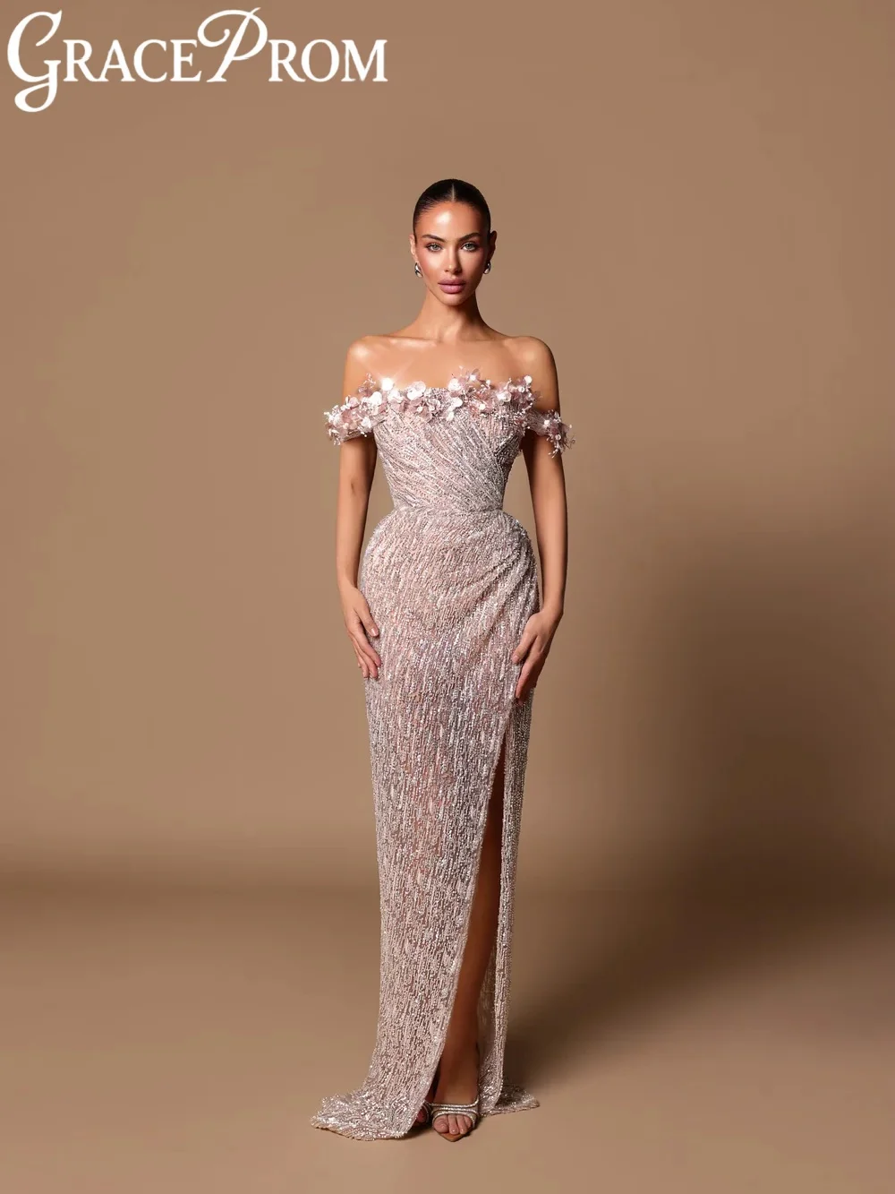 

Attractive Beaded Sheath Evening Dress With 3D Flower Off Shoulder Wedding Party Gown Customized Charming Long Prom Dresses