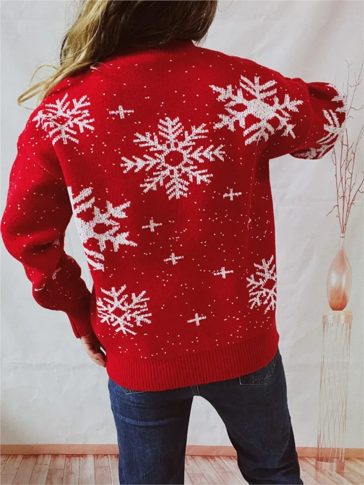 Autunno e inverno nuovo fiocco di neve di Natale girocollo a maniche lunghe pullover lavorato a maglia maglione da pendolarismo elegante e versatile da donna