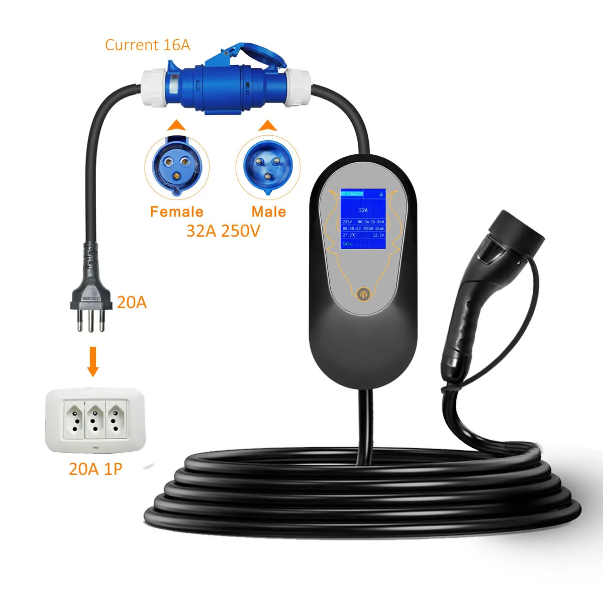 Adaptador de carga de vehículo eléctrico, enchufe brasileño de 32A, azul CEE, 20a, BR, 7kW a 3,5 kW, para cargador EV portátil