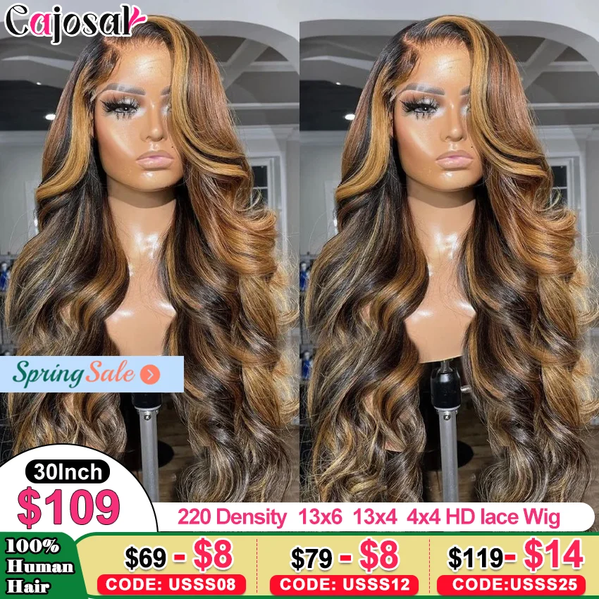 30 36 inci Body Wave 13x4 wig Ombre Highlight HD renda Frontal wig 13x6 4/27 wig berwarna Lace Front rambut manusia wig transparan baru