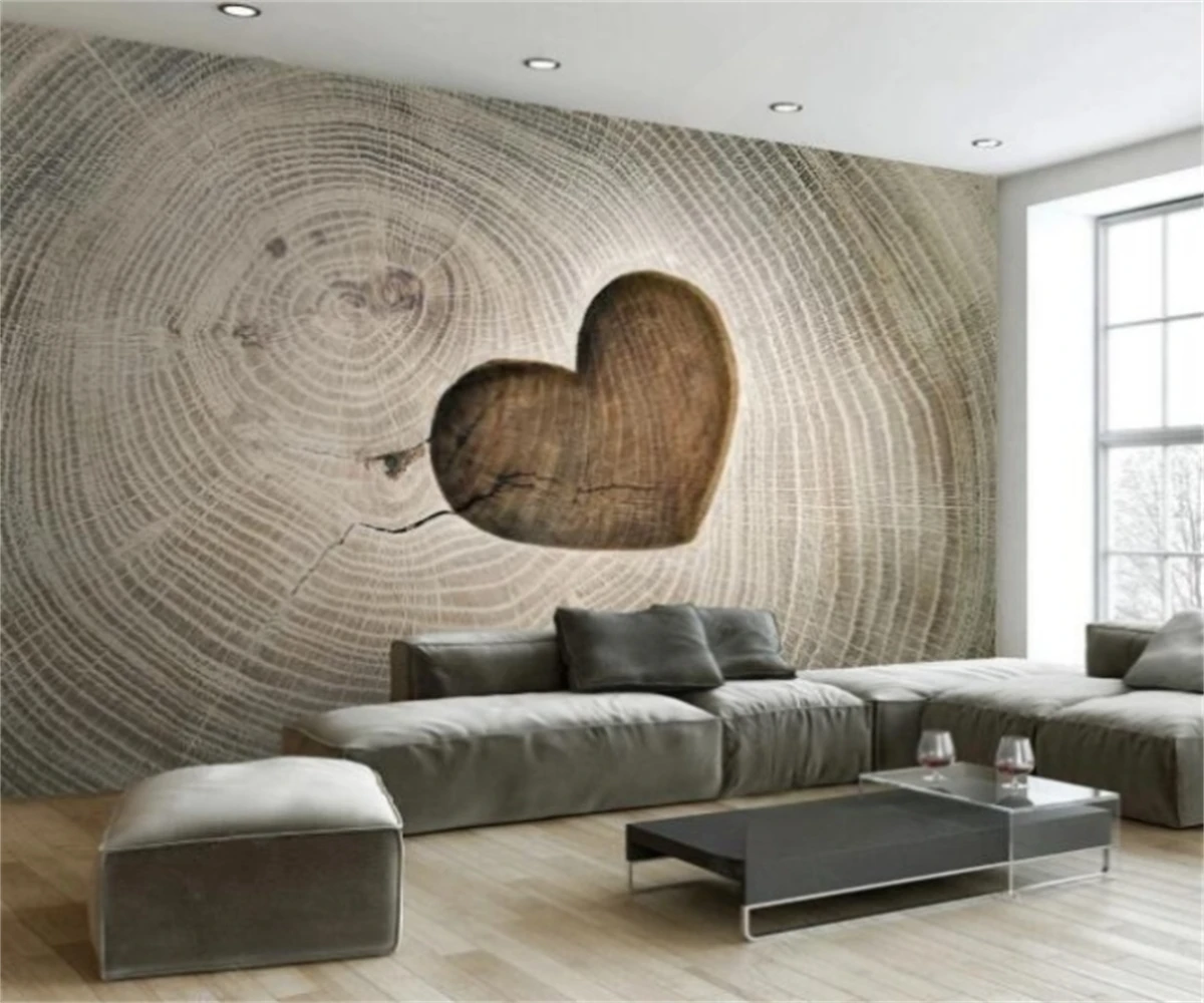 

Customized wallpaper creative heart-shaped hollowed out 3D wood grain TV background mural home decoration 3d wallpaper photos