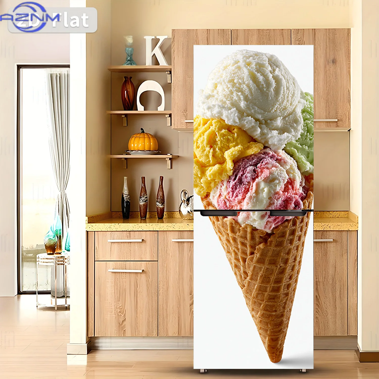 2D Flat Printing 1pc Refrigerator Sticker  Colorful Cone Ice Cream Themed Design Wall Decal Self-Adhesive Wallpaper Suitable f