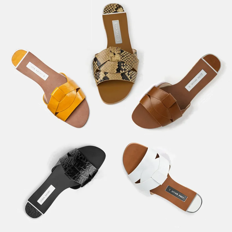 Women\'s Flat Bottom Sandals Summer New Leather Cross Decoration Flat-Heeled Wine Red Lazy Slippers Zapados Mujer