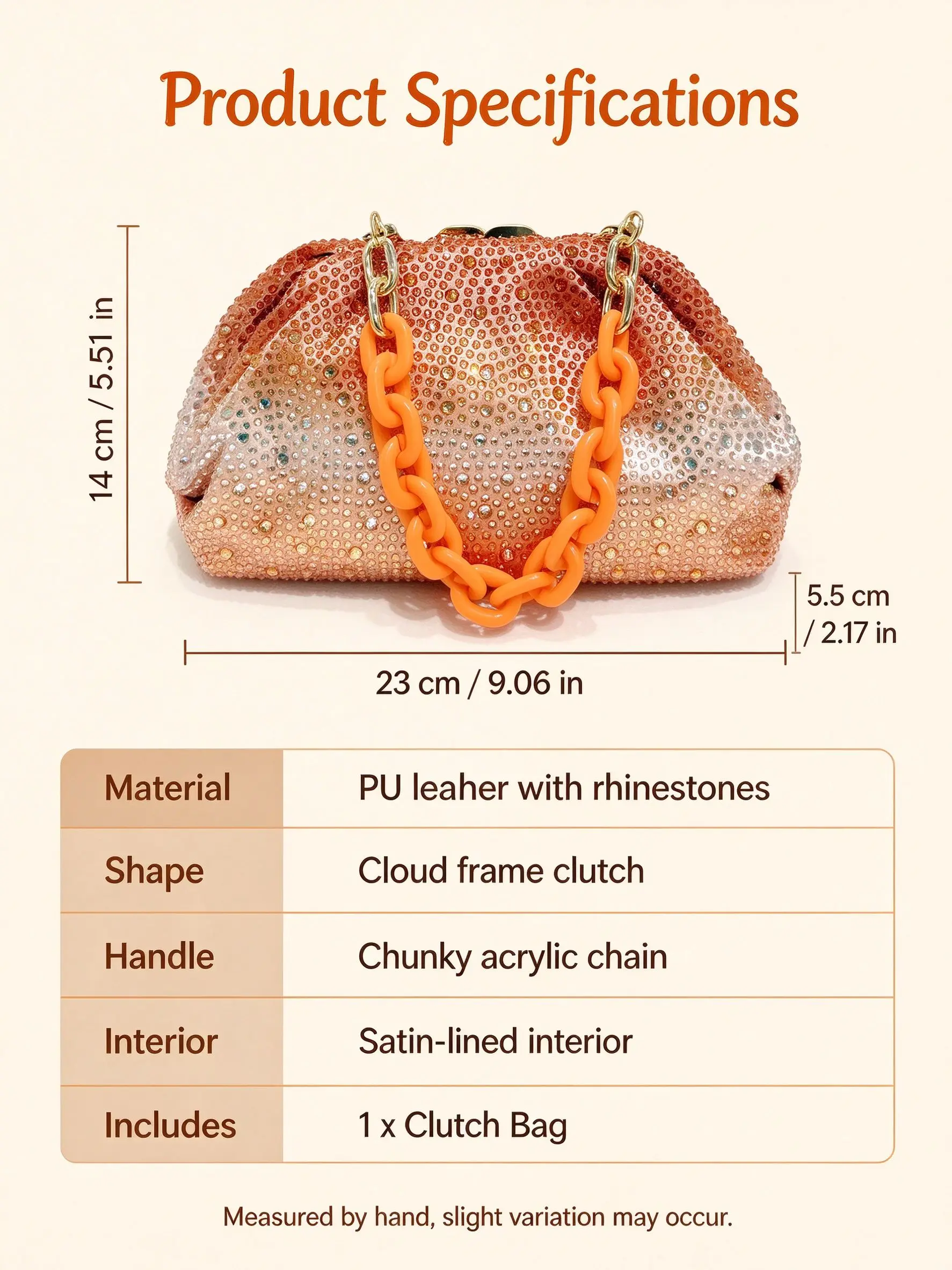 Bolso de mano con pedrería degradada para mujer, bolso de nube de cuero PU, bolso de fiesta de verano color mandarina con cadena gruesa de acrílico, bolso de mano para brunch y fiesta de graduación
