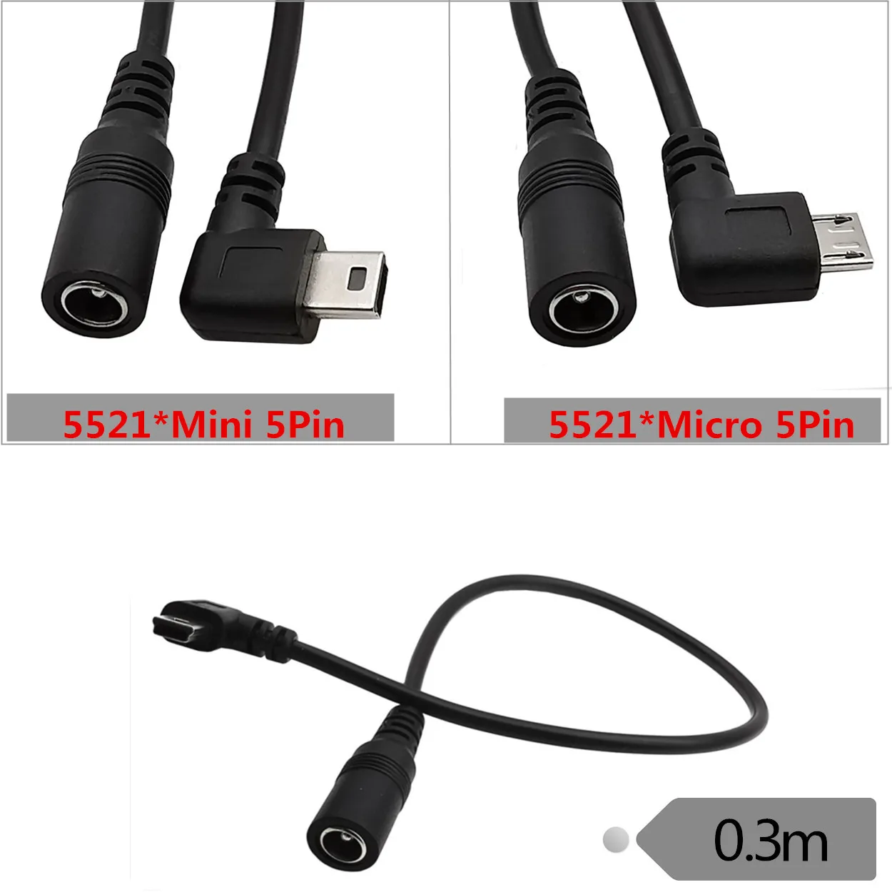 3A DC 5.5mm x 2.1mm Barrel Jack to Micro mini USB 5P Male Elbow Left Angled 90 Degree Power Connector Short Cable 0.3M 30cm 1FT