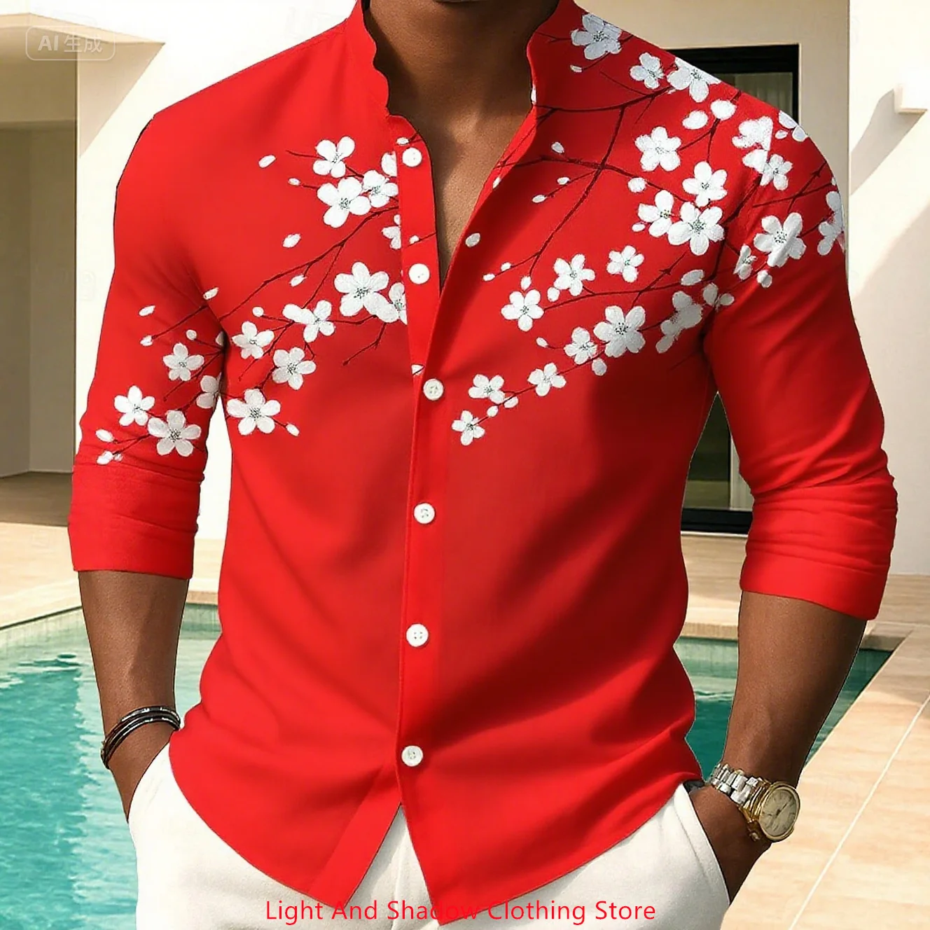 

Men's 3D printed shirt long sleeved fashionable casual stand up collar button up shirt outdoor vacation daily men's clothing