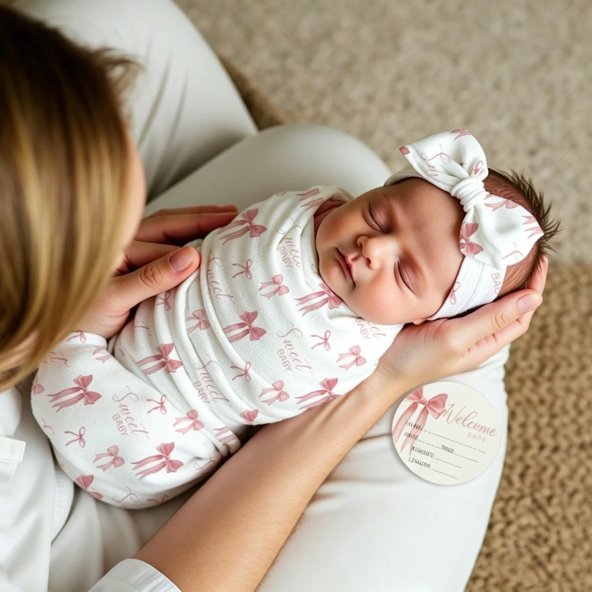 Ylsteed Newborn Photography Swaddle Blanket Set Pink Bow Print Infant Receiving Blanket with Headband Milestone Card Prop-HD