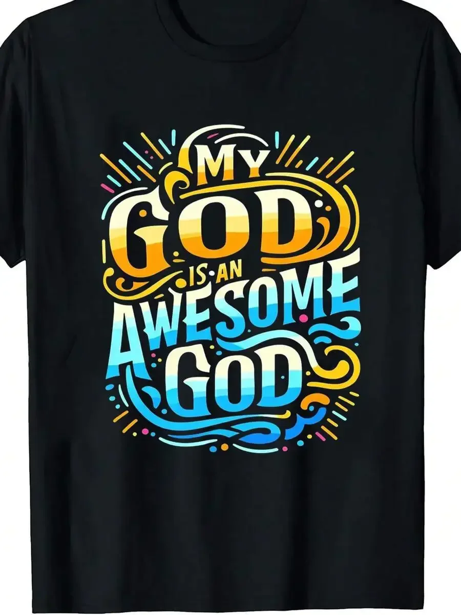 1pc Men's Religious Quote Print Black TShirt, Crew Neck, Casual Cotton Tee Medium Stretch Knit Fabric, Men's Regular Fit, Size