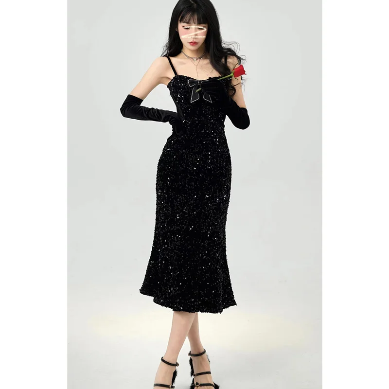 

Black Women Sexy Beauty Dress Straight Collar Suspender Dress A-line Skirt Advanced Sense Fashion Female Sequin Mid-length Dress