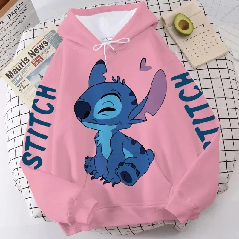 2024 New Disney Hoodie Fashion Stitch Angel Monster Letter Cartoon Sweatshirt Pullover Cute Harajuku Unisex Women\'s Pocket Top