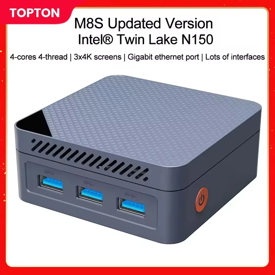 

Карманный мини-ПК Topton M8S Twin Lake Intel N150, четырехъядерный процессор, 12 ГБ DDR5, 4800 МГц, игровой компьютер, 2 LAN, Windows 11, 3x4K WiFi5 BT5.1