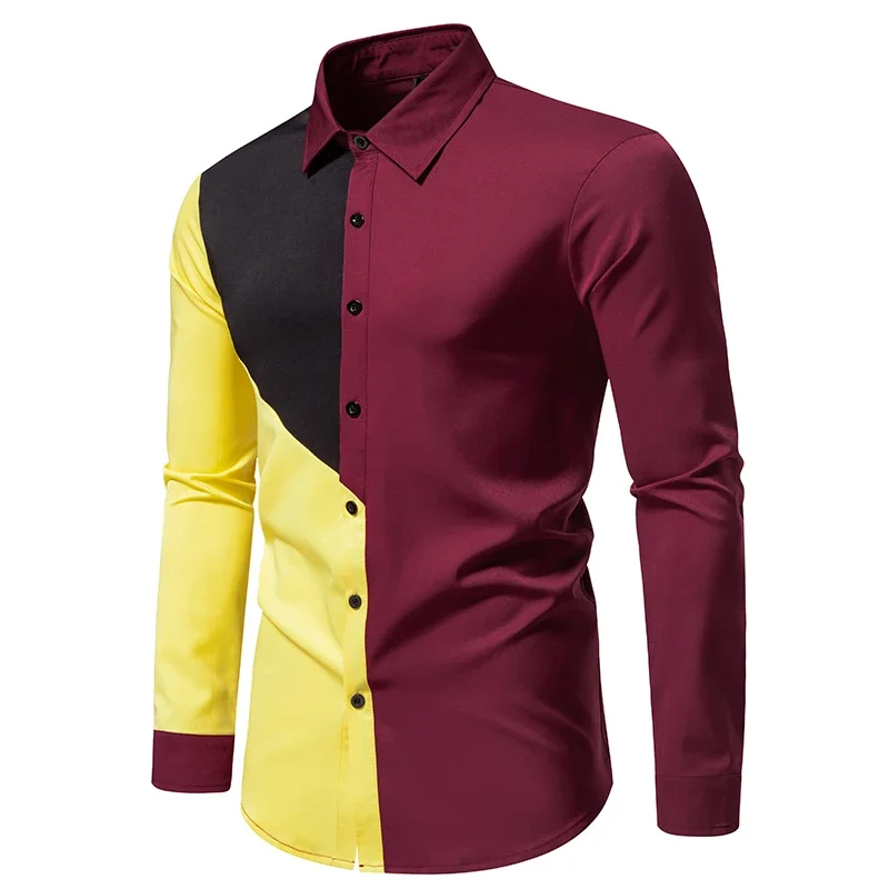 Fashion Shirts for Men Autumn New Men's Stitching Color Retro Dress Clothes Wedding Business Shirt Chemise Homme