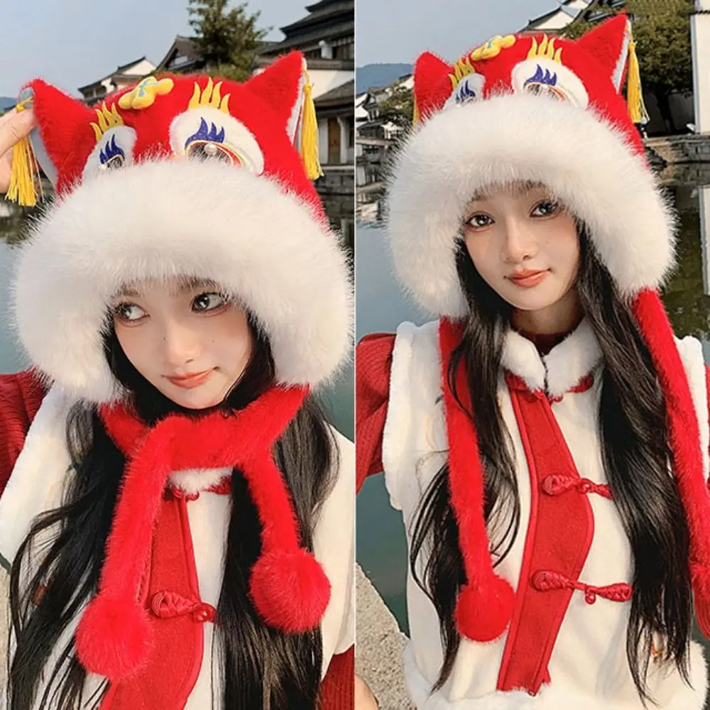 Kawaii Ear Muffs Lion Dance Beanies Hat Lace Up Tassels Winter Plush Warm Hat Soft Chinese style Scarf Gloves Hat New Year Gift