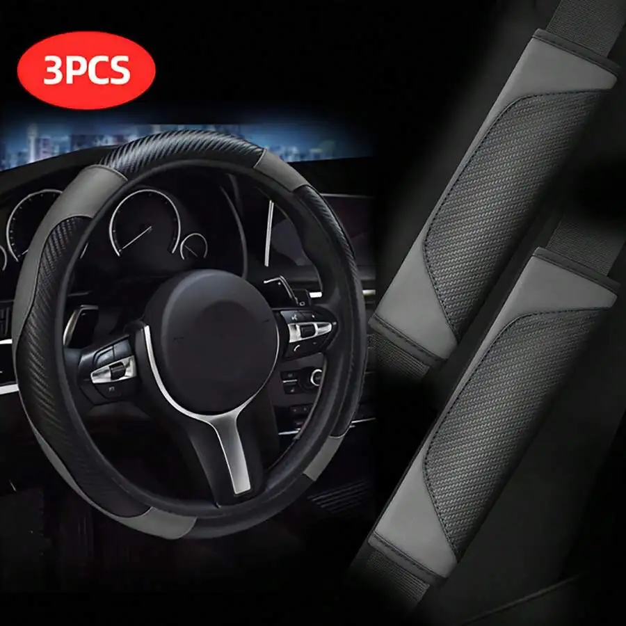 3pcs/Set PU Leather & Carbon Fiber Non-Slip Steering Wheel Cover + 2pcs Shoulder Pads Car Accessories Sets, Universal Fit, Adds