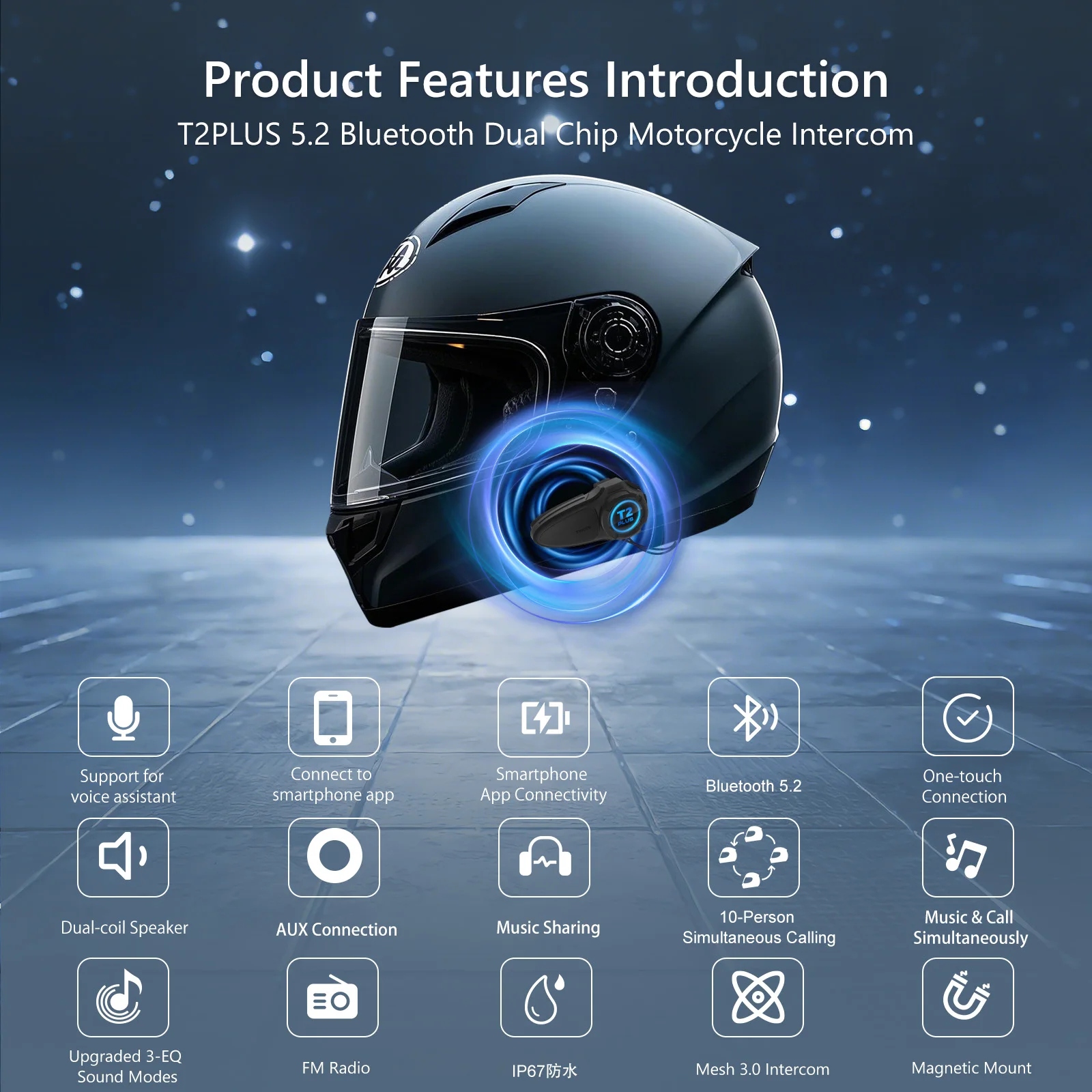 TNICER T2 PLUS Bluetoothヘッドセット TNICER T2PLUS Bluetooth 5.2 Motorcycle Helmet Headset