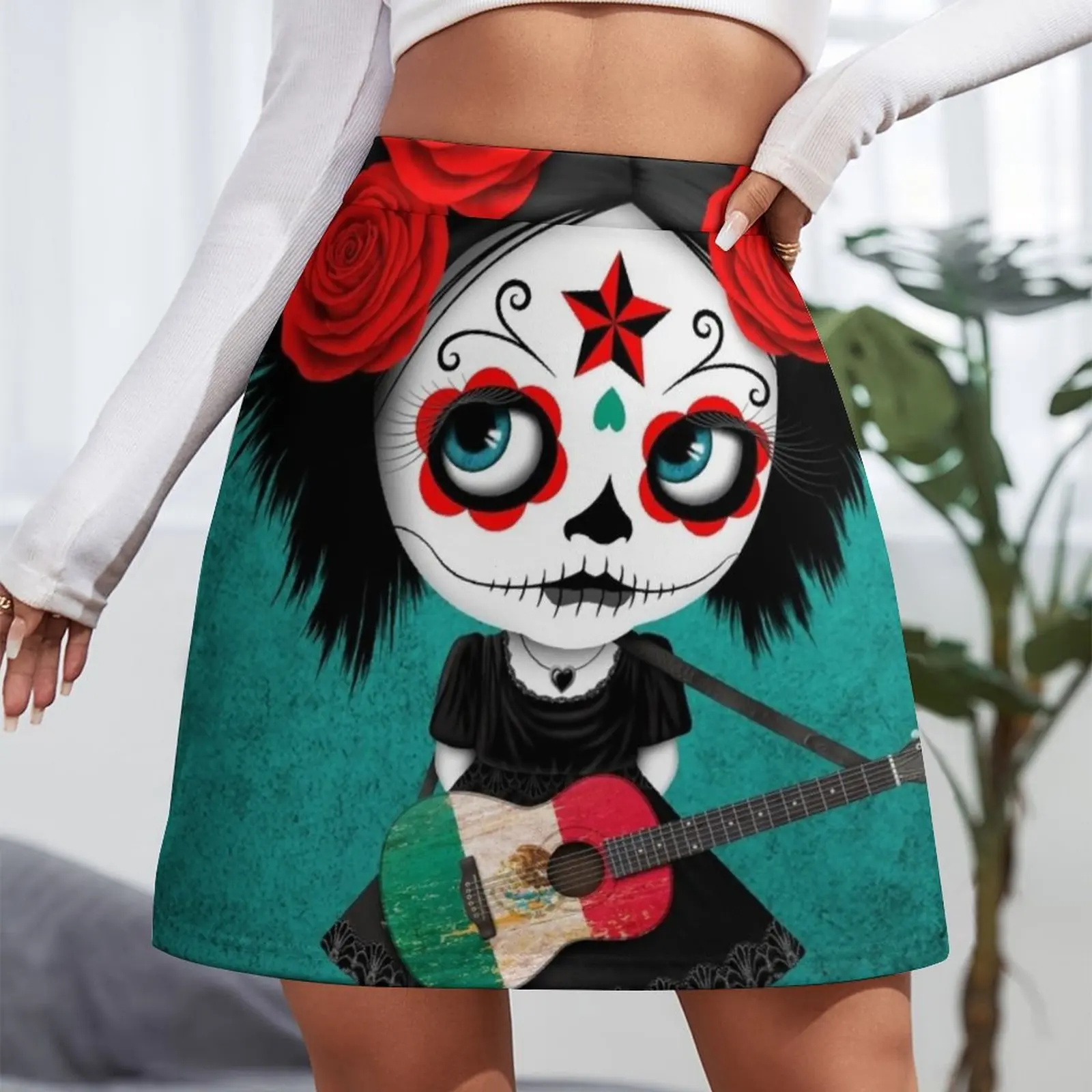 Sugar Skull Girl Playing Mexican Flag Guitar Mini Skirt Women skirts Women's skirt