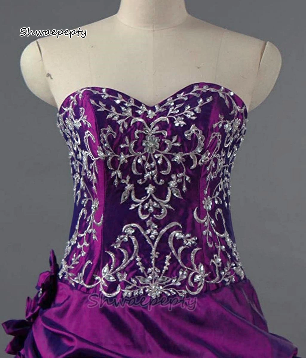 Vestido de casamento roxo bordado para mulheres, Vestidos De Noiva Ruched, Até O Chão, Vestidos De Noiva Góticos, Flores Artesanais, Espartilho Querida, Vestidos De Baile