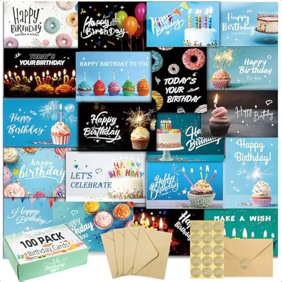 

100 Happy Birthday Cards with Envelopes 20 Unique Designs Birthday Cards Bulk with Short Generic Message Inside 4x6 inches Asso