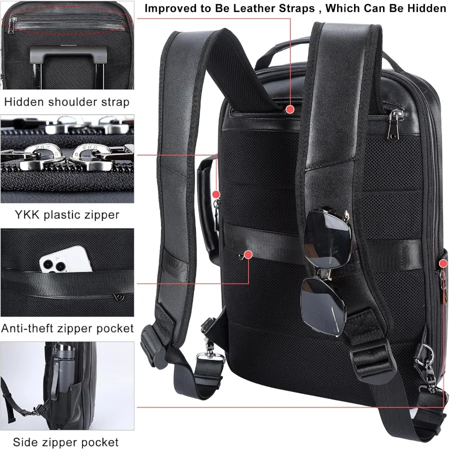 Masa Kawa حقيبة ظهر للكمبيوتر المحمول مقاس 15.6 بوصة من الجلد للرجال حقيبة ظهر قابلة للتحويل حقيبة عمل سوداء قابلة للتوسيع حقيبة عمل رفيعة Tr #3