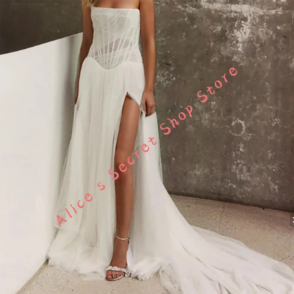 

Classic Simple Strapless Sleeveless Side Split A-Line Bride Wedding Dresses Bridal Gowns Customized