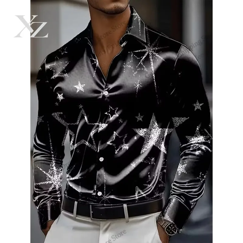 Men Star Brushstroke Grid Long Sleeve Shirt Satin Geometric 3d Print Shirt Men Fashion Social Single-breasted Blouse Men Clothes