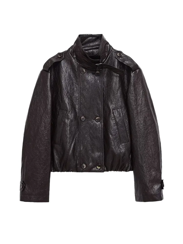 Women's Double Breasted Faux Leather Jacket Coat Long Sleeve Chic Top with Front Pockets Fashion Outerwear