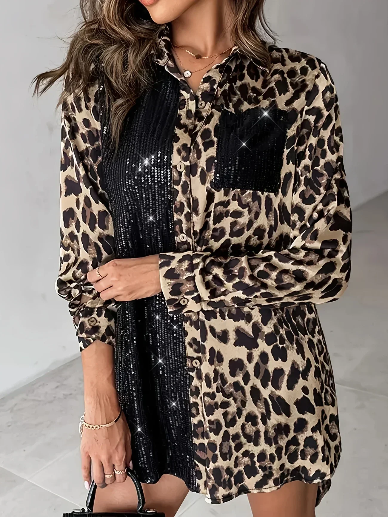 

Плюс размер 1XL-5XL, женское модное модное платье-рубашка с длинными рукавами, платье-рубашка с леопардовым принтом, женское плиссированное платье с краями