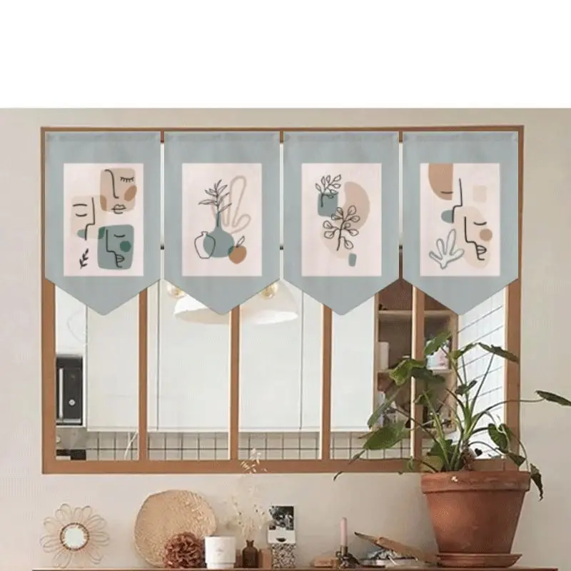 VIKAMA Abstract Face Botanical Triangular Curtain Morandi Vase Plant Line Art Nordic Minimalist Kitchen Window Valance Decor