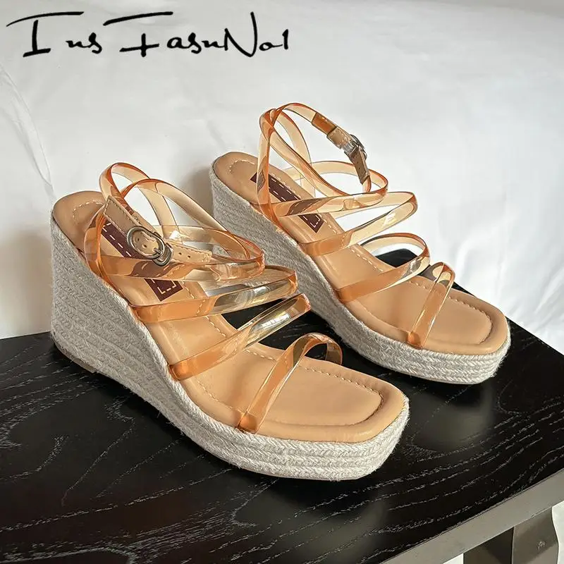 

Designer Strange Heel Women Sandals Fashion Super High Heel Belt Buckle Transparent Single Shoes All Match Casual Outdoor Sandal