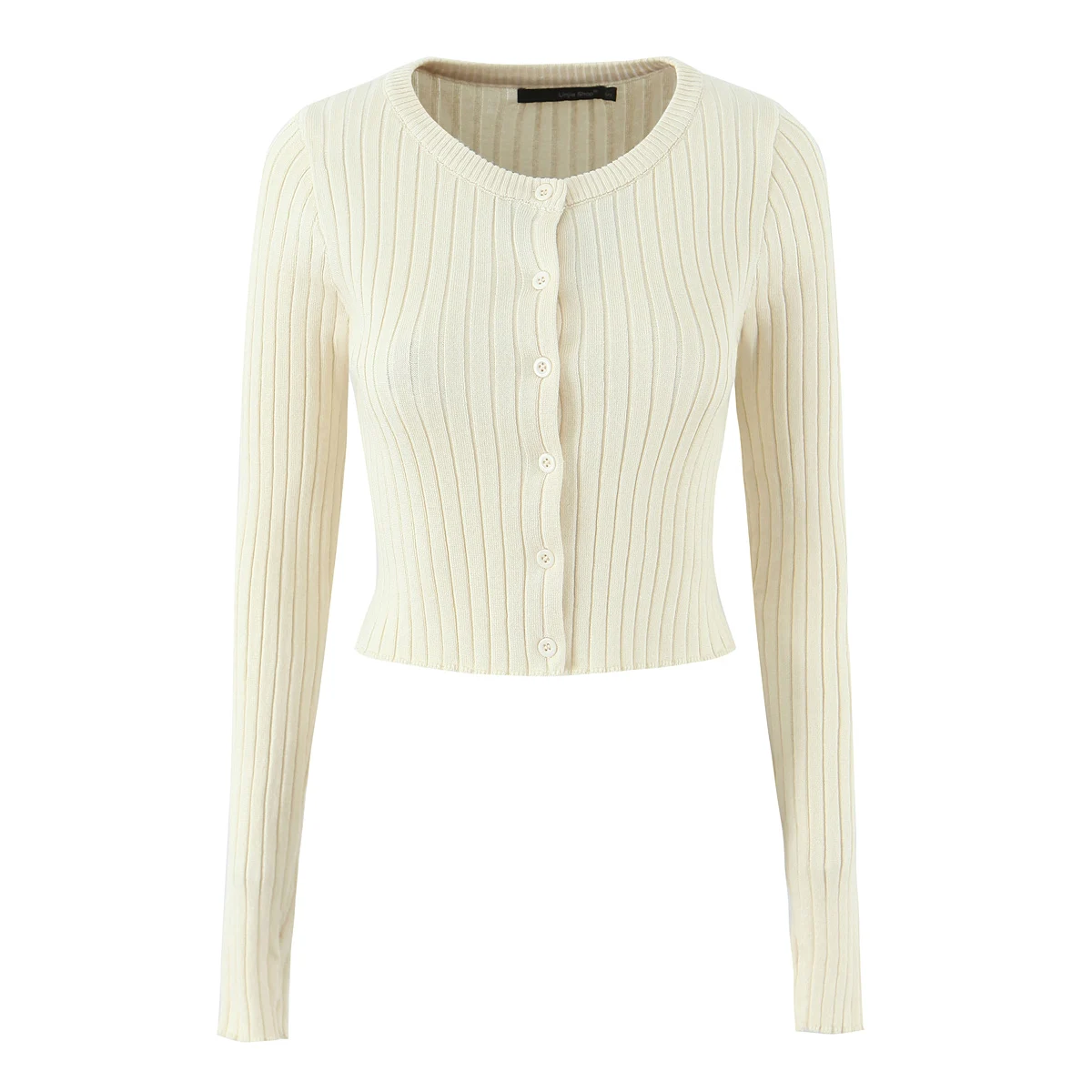 جديد الخريف البيج الضلع متماسكة زر من خلال Pointelle سترة الحلو للنساء س الرقبة طويلة الأكمام المحاصيل سترة تريكو الوردي