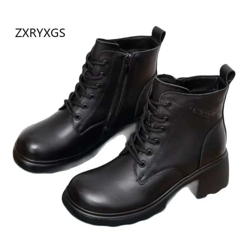 ZXRYXGS 2025 New Winter Top Cowhide with Plush Warm Snow Boots Elegant Cross Strap Side Zipper Mid Heel Boots Women Black Boots