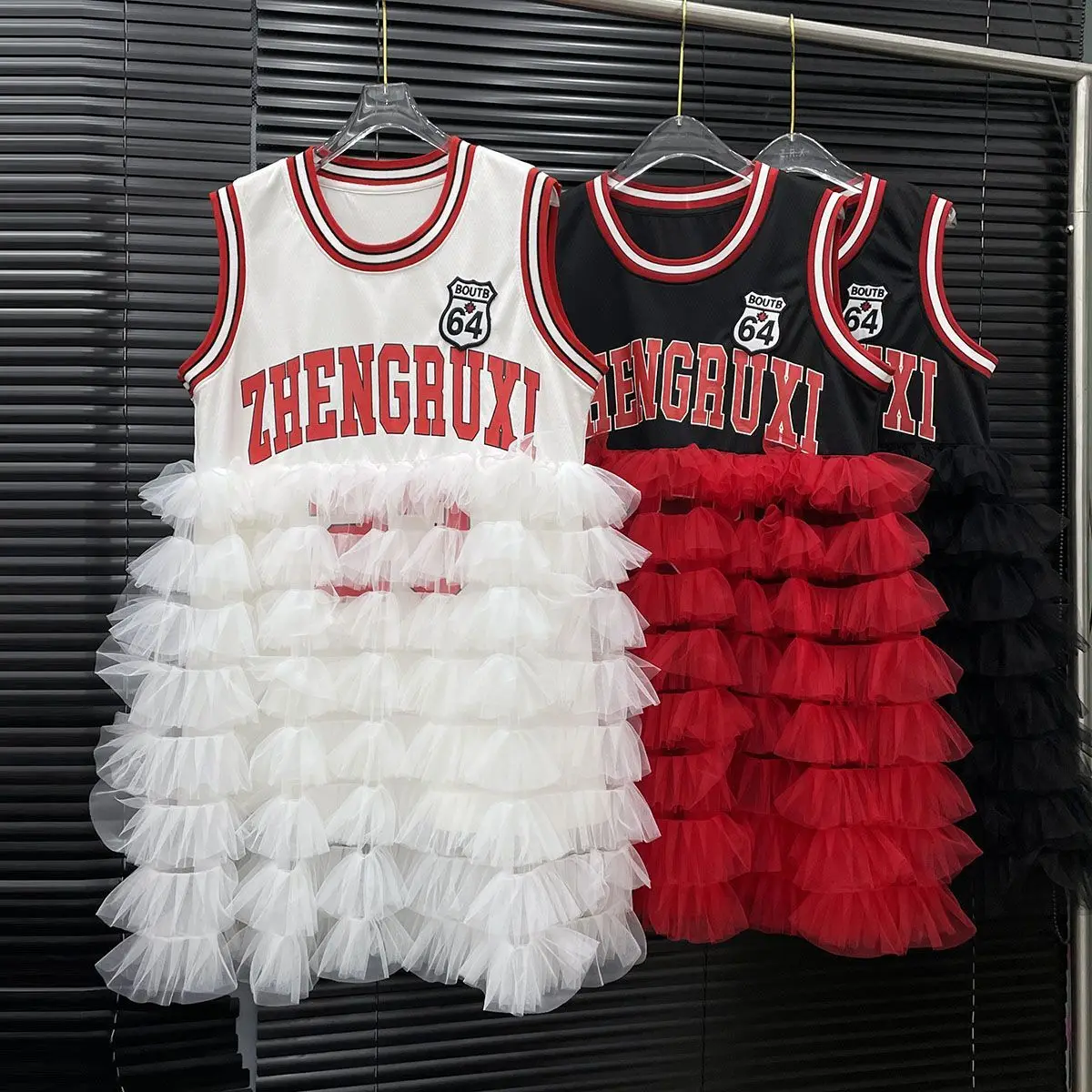 

Women Mesh Patchwork Ruffles Vest Dress Letters Numbers Printed Sleeveless T-ShirtGauze Spliced Lotus Cake Skirt Long Tank Tops