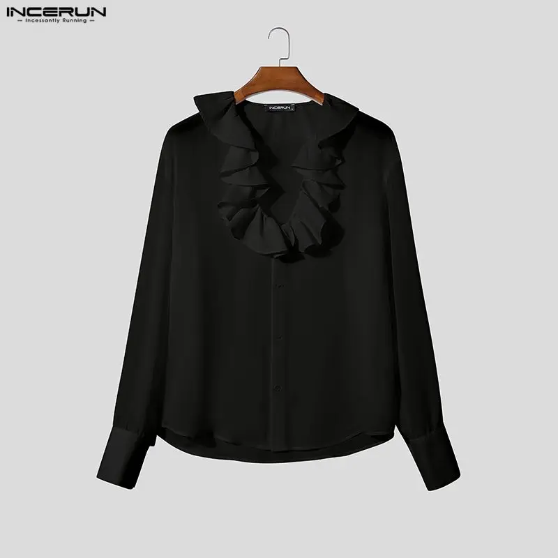 

INCERUN Мужская рубашка Сплошной цвет с рюшами и v-образным вырезом с длинным рукавом Повседневная мужская одежда Уличная одежда Свободные модные топы Прозрачные рубашки
