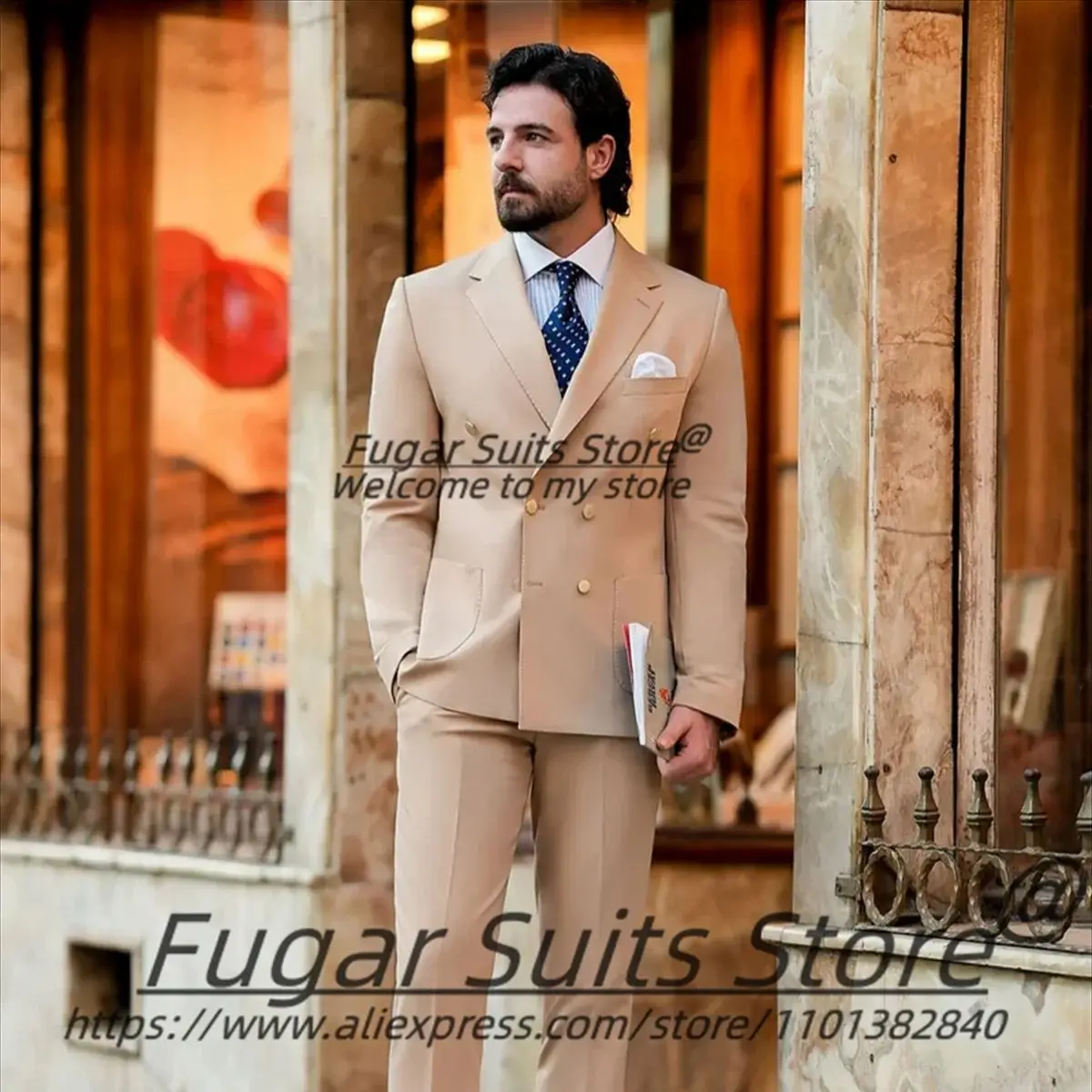 

Custome Made Slim Fit Double Breasted Formal Men Suits Elegant Beige Groom Party Tuxedos High Qublity Male Blazers Costume Homme