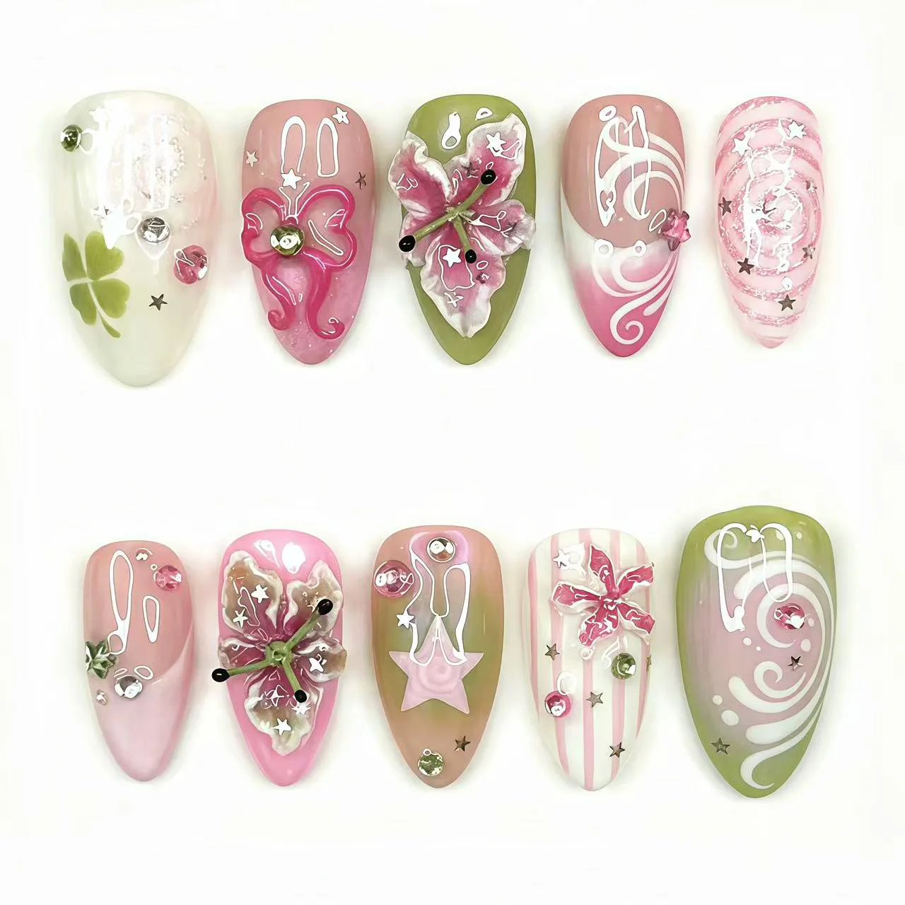 24Pcs Gilded Silver Bow Pearl Press on False Nails 3D Butterfly Tulip Design Stick on Nails Pink Gradient Wearable Manicure Tips