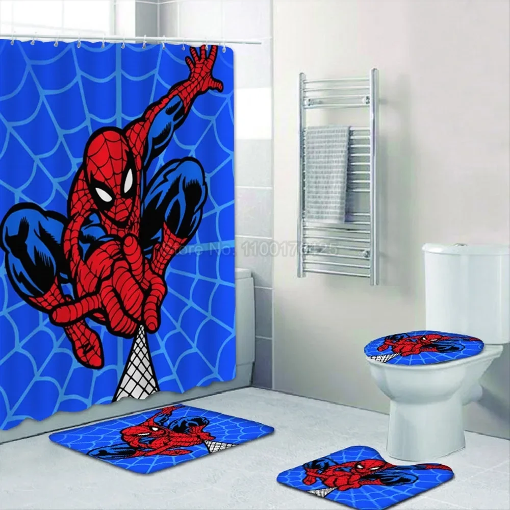 Shower Curtain Set Spiderman Waterproof Washable Polyester Bath Curtain Anti-slip Rugs Toilet Lid Cover Bath Mat Set