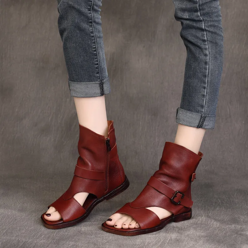 Spring 2021 new leather vintage handmade open-toe side zipper flat flat boots and sandals for women