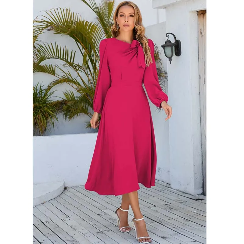 

Women's Solid Round Neck A-Line Long Sleeve Business Elegant Bow Knot Work Office Cocktail Party Sheath Dresses