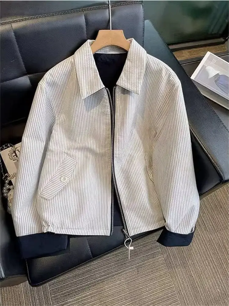 

2025 New Men's Striped Casual irt Jaet Spring Autumn Faion Versatile Loose Fit Top M Clothing Polyester Fiber