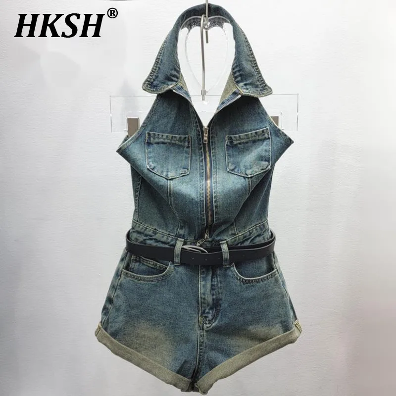 

HKSH Summer New Women Tide Korean Version Collar Sleeveless Single Breasted Vest High Waisted Wide Leg Denim Shorts Set HK5092